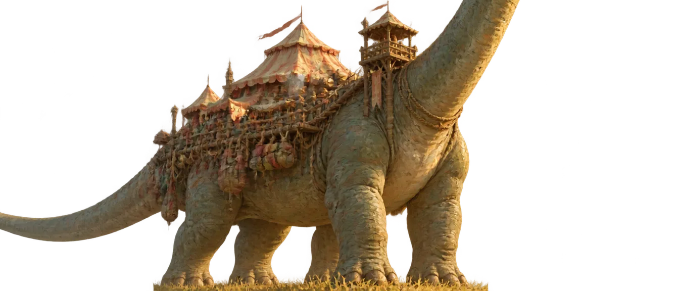 Ollo, Longneck raksasa berkulit hijau abu, berdiri di rumput dengan karavan tenda, bengkel tali, dan menara intai di punggungnya.